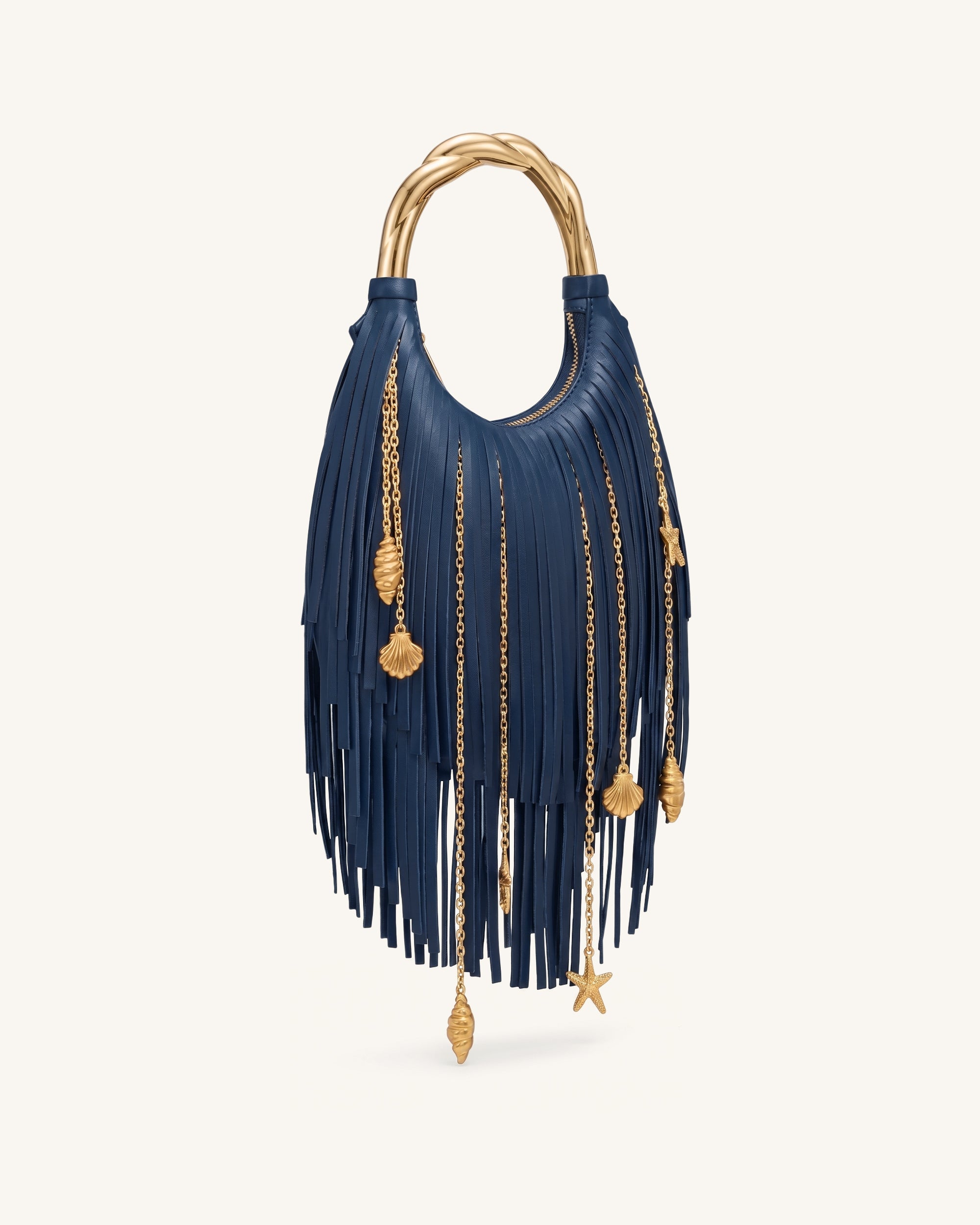 Chloe Metal Handle Fringe Top Handbag - Navy Blue