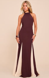 Petite Brown Contrast Split Detail Halterneck Dress