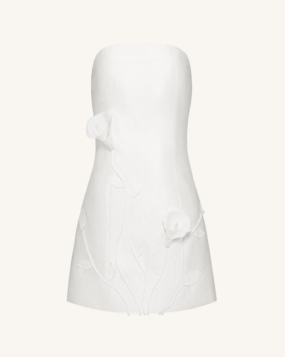 3D Vine Floral Strapless Mini Dress - White