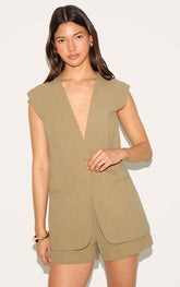 Sage Khaki Linen Look Longline Waistcoat