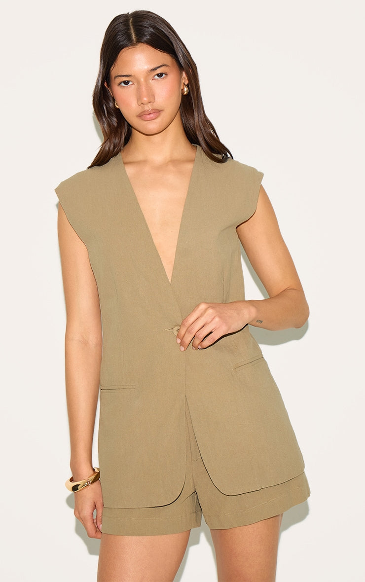 Sage Khaki Linen Look Longline Waistcoat