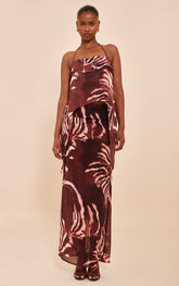 Brown Chiffon Floral Mid Rise Maxi Skirt