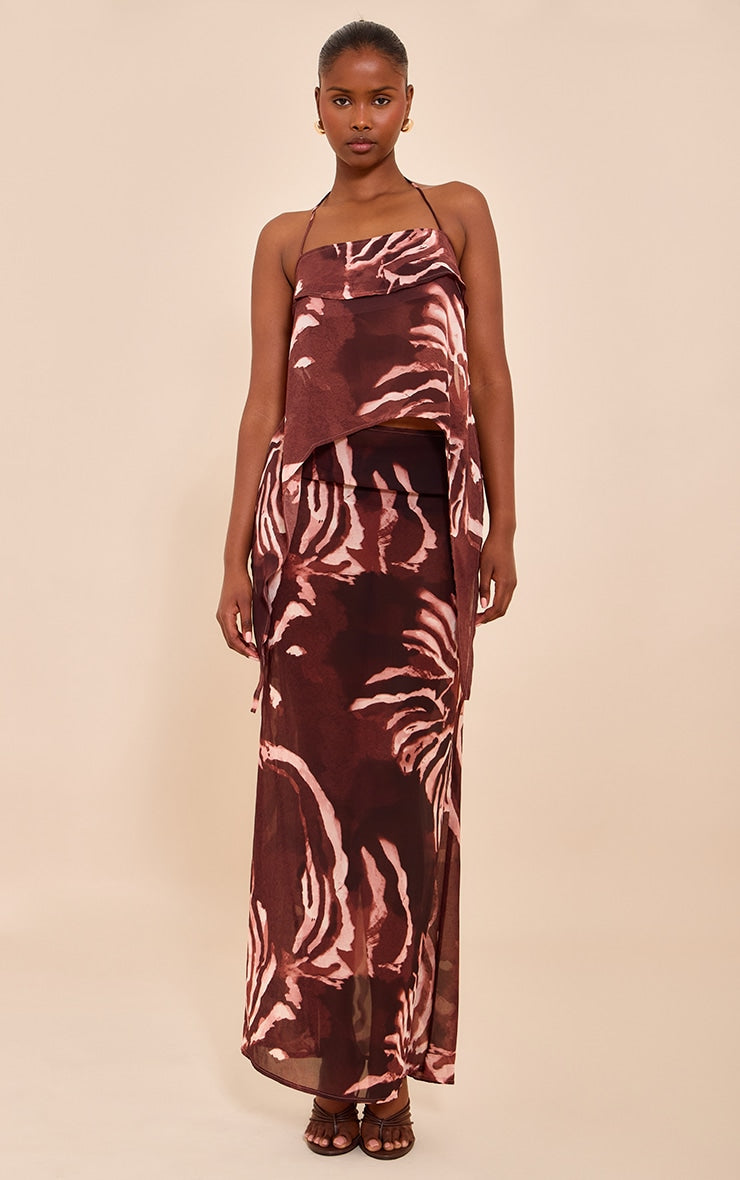 Brown Chiffon Floral Mid Rise Maxi Skirt