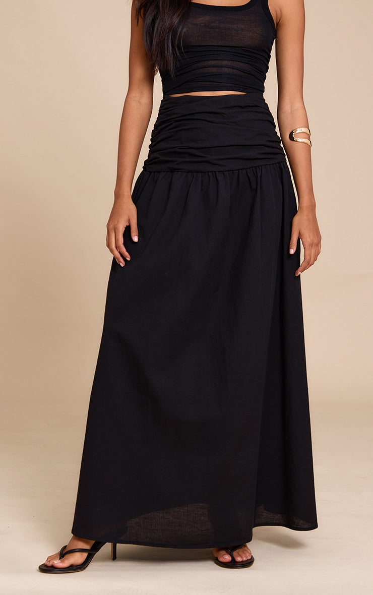 Black Cotton Ruched Waist Maxi Skirt