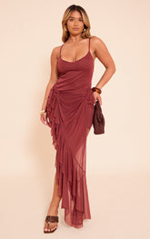 Shape Rust Mesh Twist Front Asymetrical Hem Maxi Dress