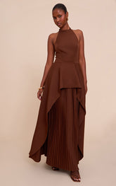 Chocolate Woven Halterneck Pleated Underlay Maxi Dress