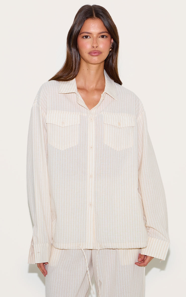 Stone Striped Linen Pocket Detail Oversized Shirt