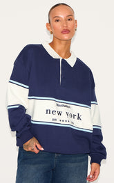 Plus Navy Premium Contrast Collar New York Embroidered Sweatshirt