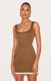 Brown Scoop Neck Frill Hem Bodycon Dress