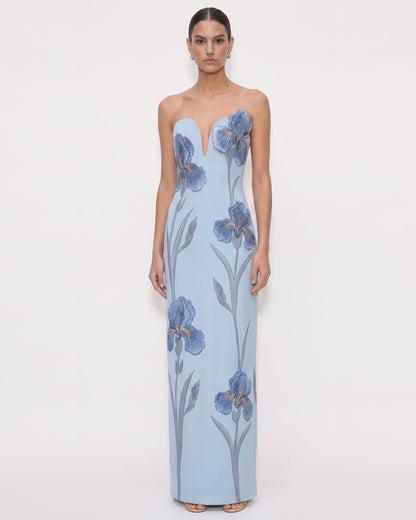 Iris Embroidered Notch Neck Strapless Maxi Dress - Emerald Green