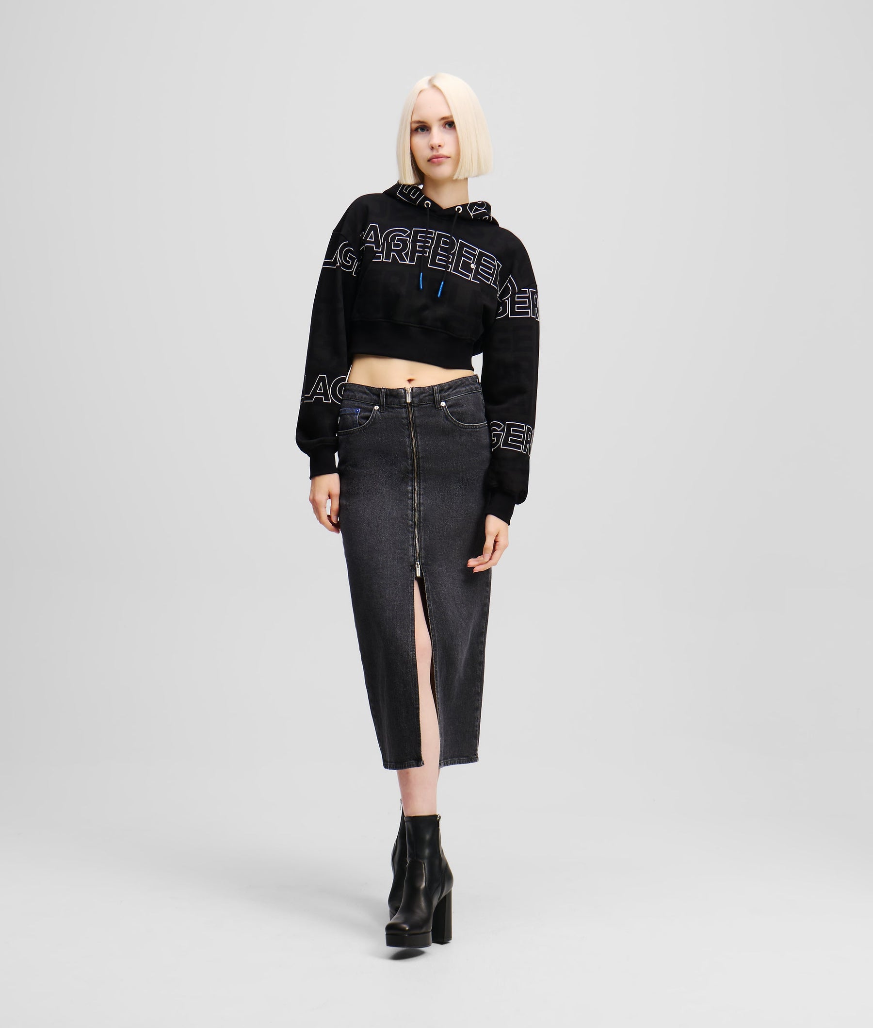 ZIP-FRONT DENIM MIDI SKIRT