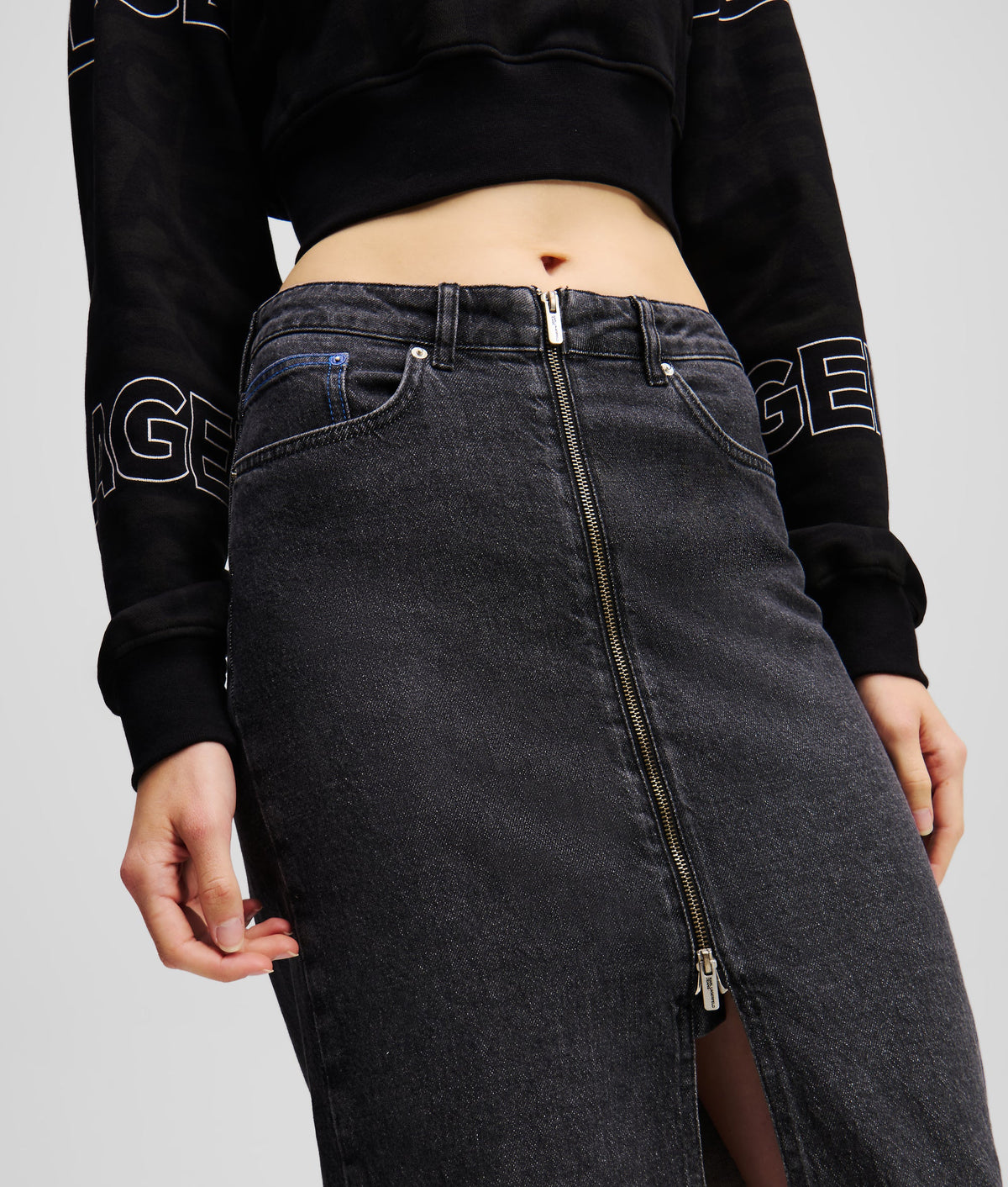 ZIP-FRONT DENIM MIDI SKIRT