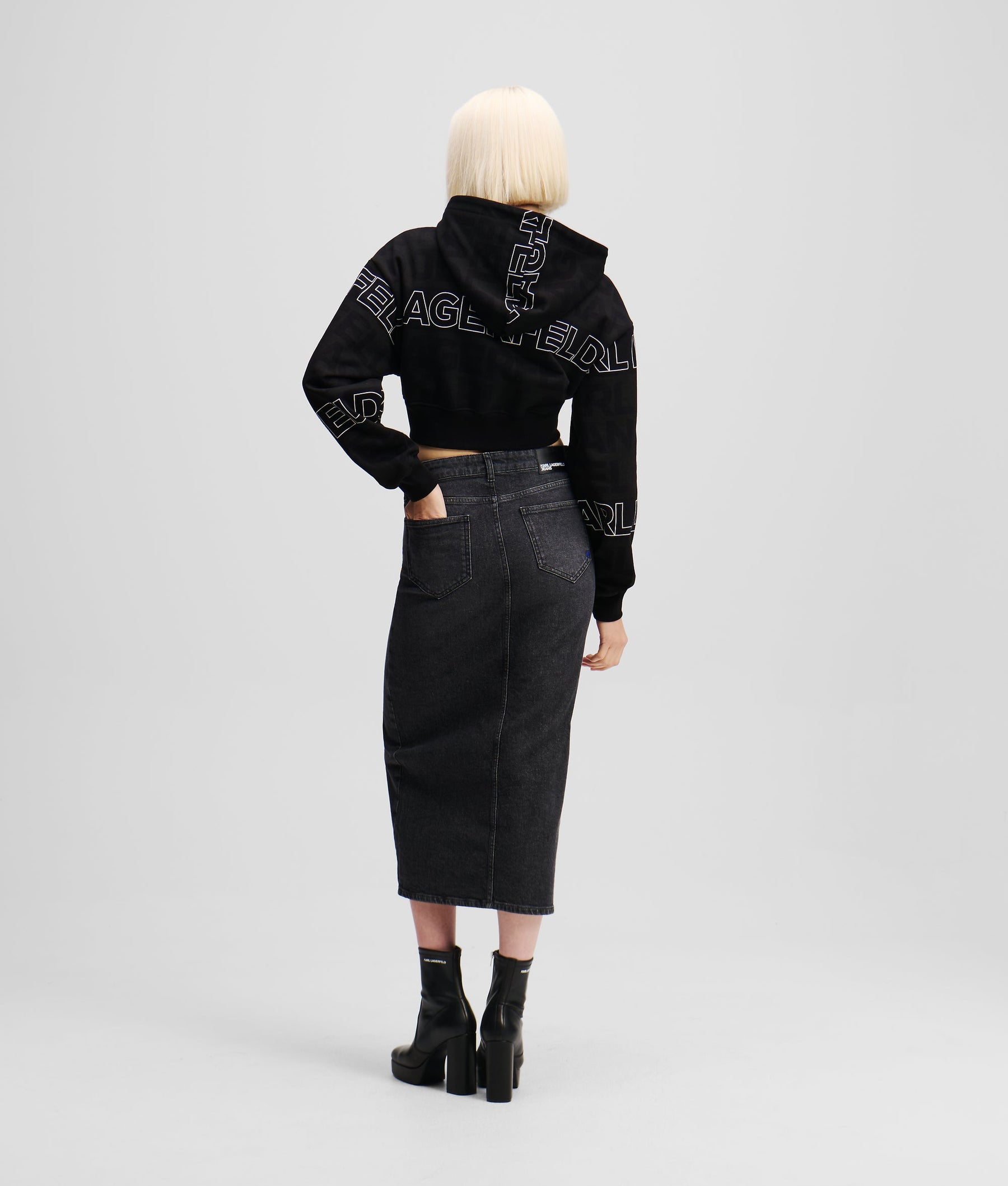 ZIP-FRONT DENIM MIDI SKIRT