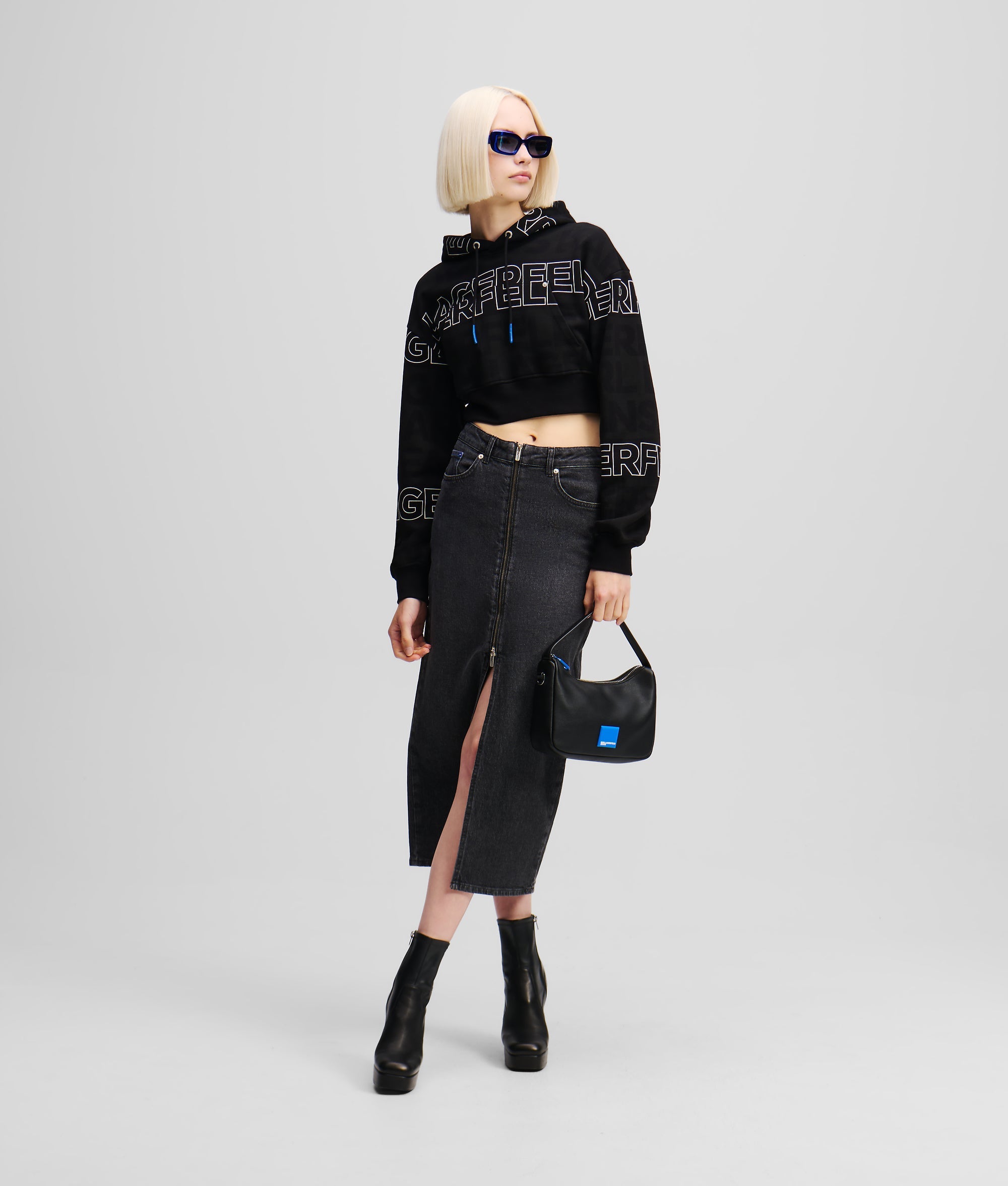 ZIP-FRONT DENIM MIDI SKIRT