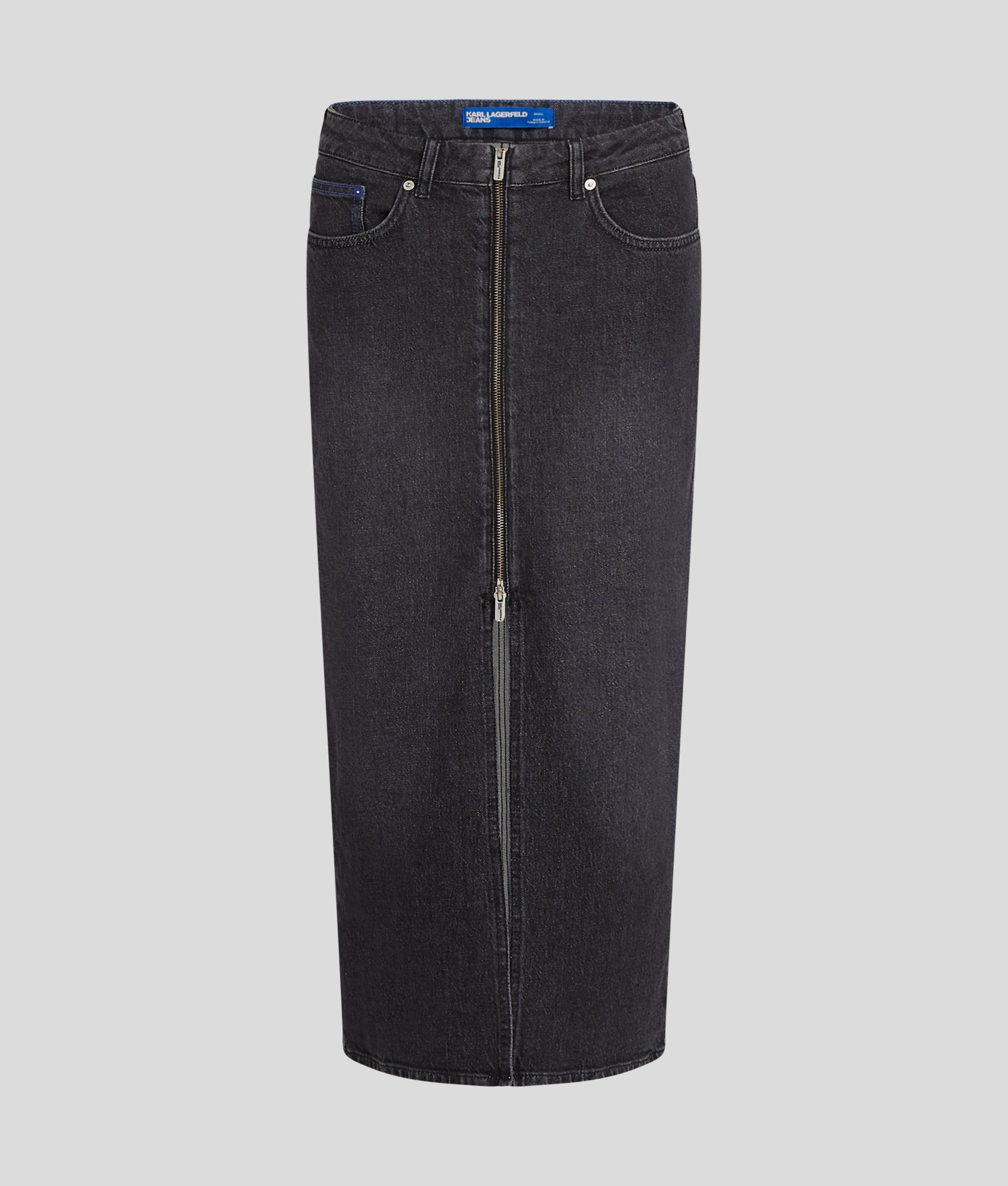 ZIP-FRONT DENIM MIDI SKIRT