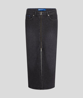 ZIP-FRONT DENIM MIDI SKIRT
