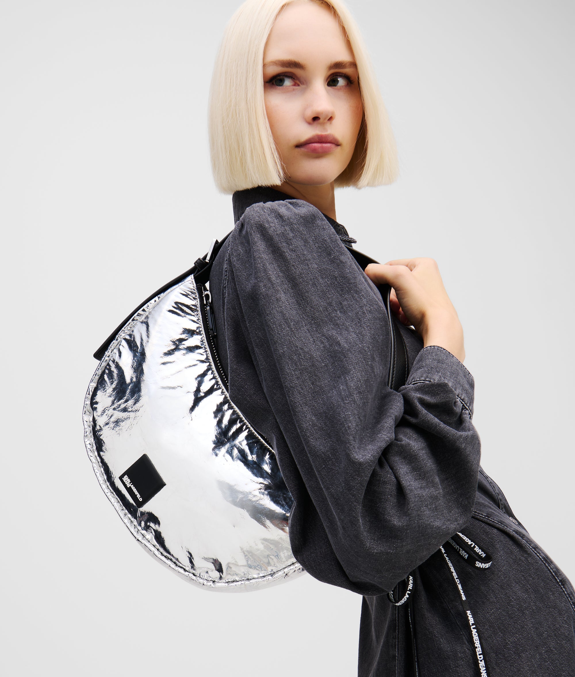 KLJ BOX LOGO METALLIC HALF-MOON SHOULDER BAG