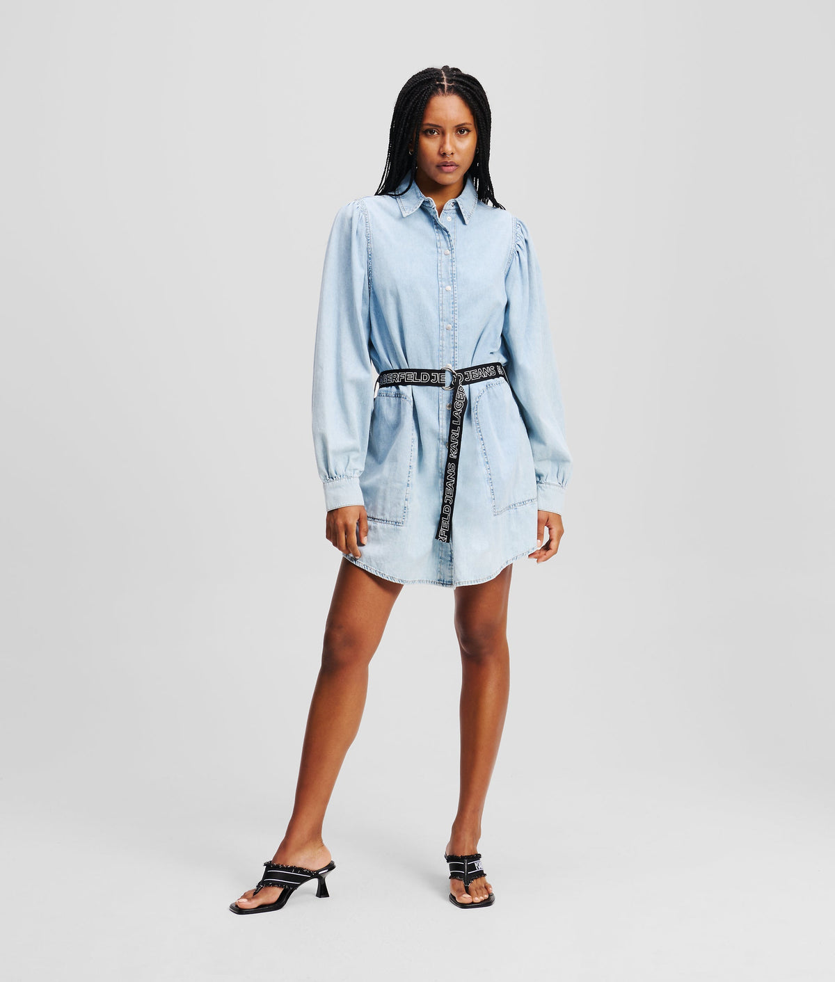 Puff-sleeved denim shirt dress