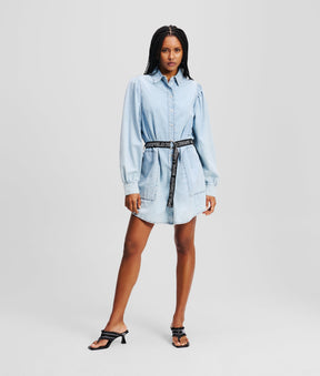 Puff-sleeved denim shirt dress