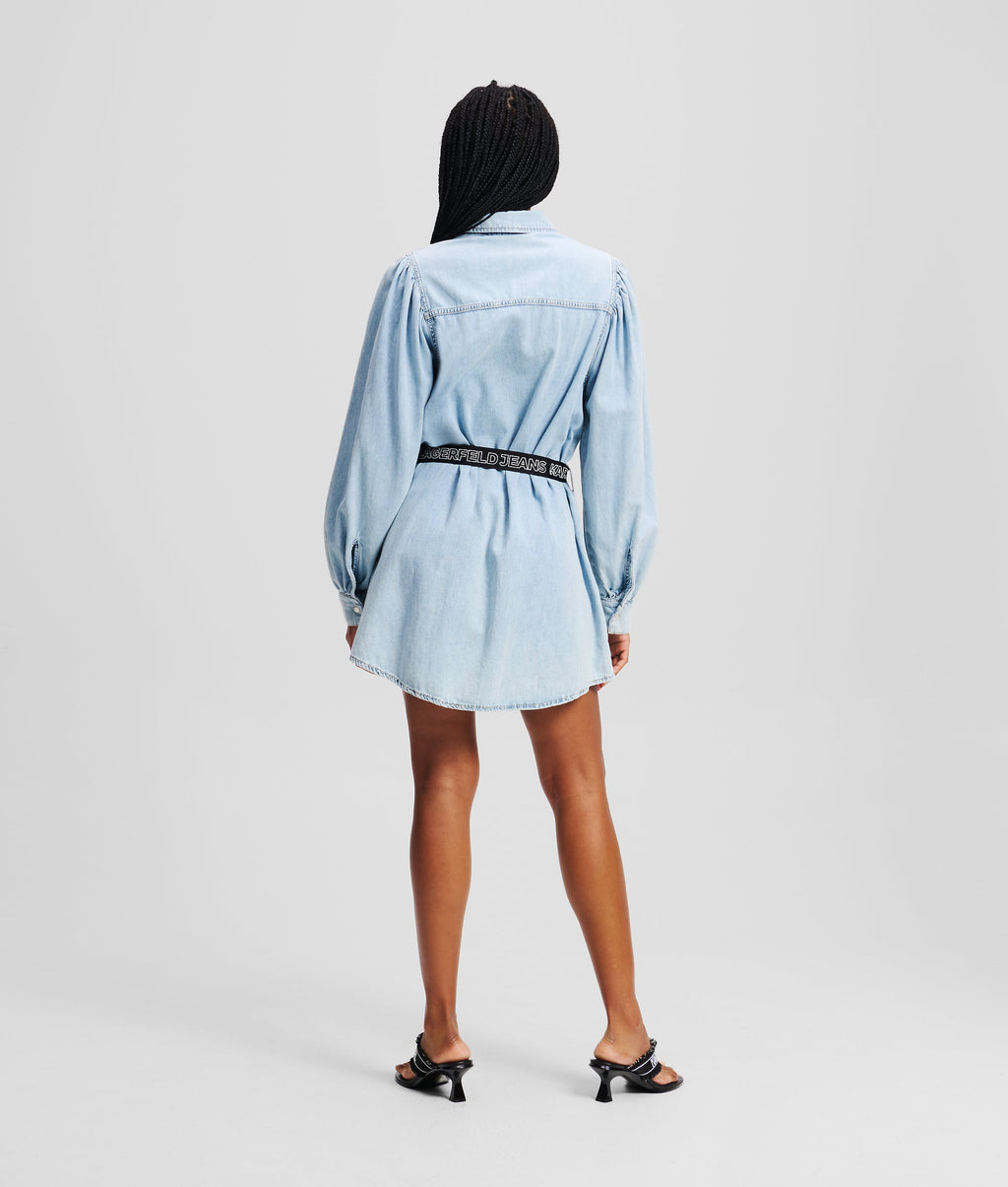 Puff-sleeved denim shirt dress