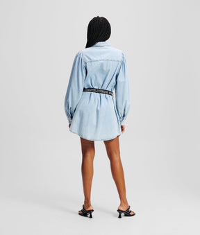 Puff-sleeved denim shirt dress