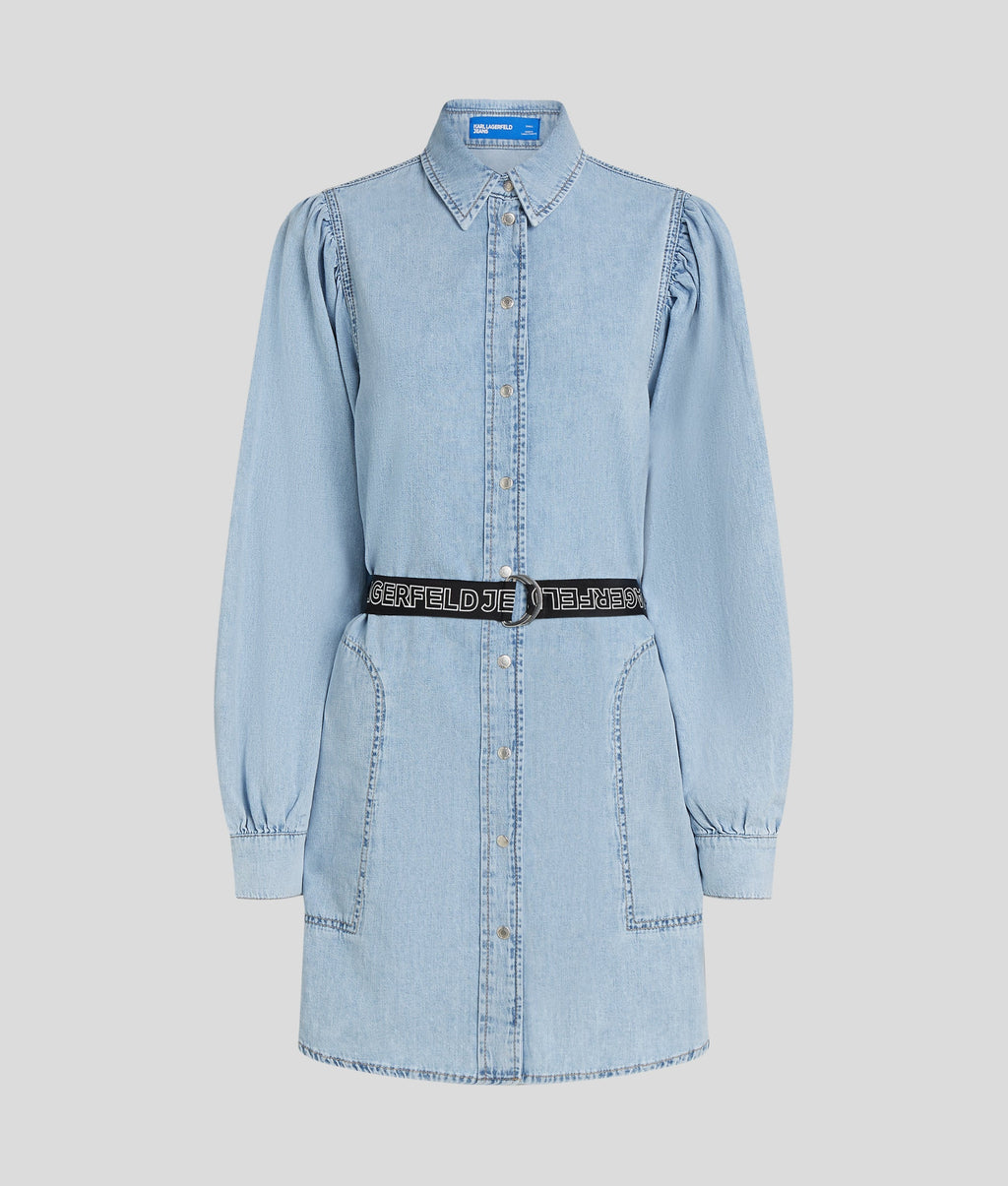 Puff-sleeved denim shirt dress