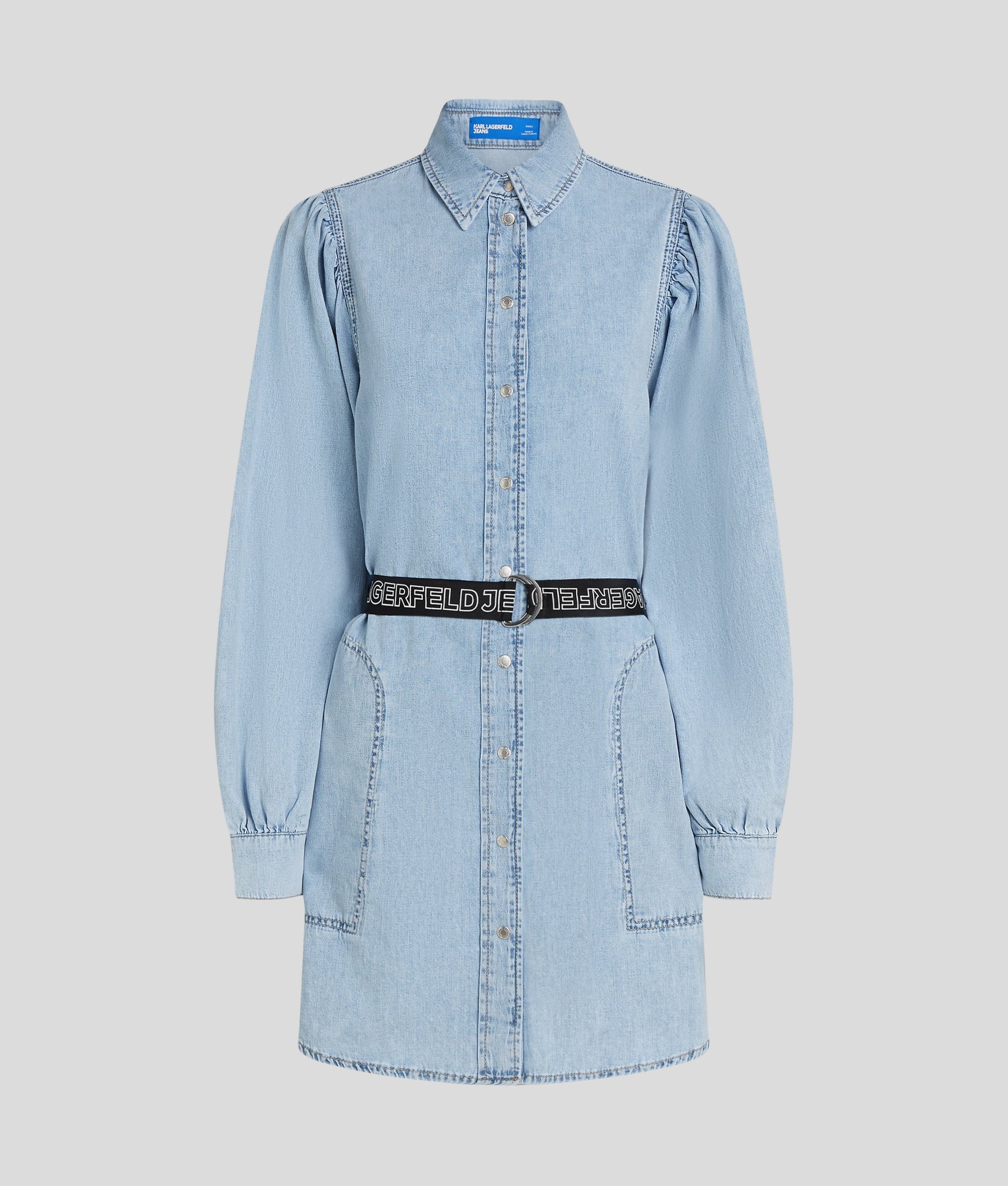 Puff-sleeved denim shirt dress