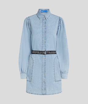 Puff-sleeved denim shirt dress