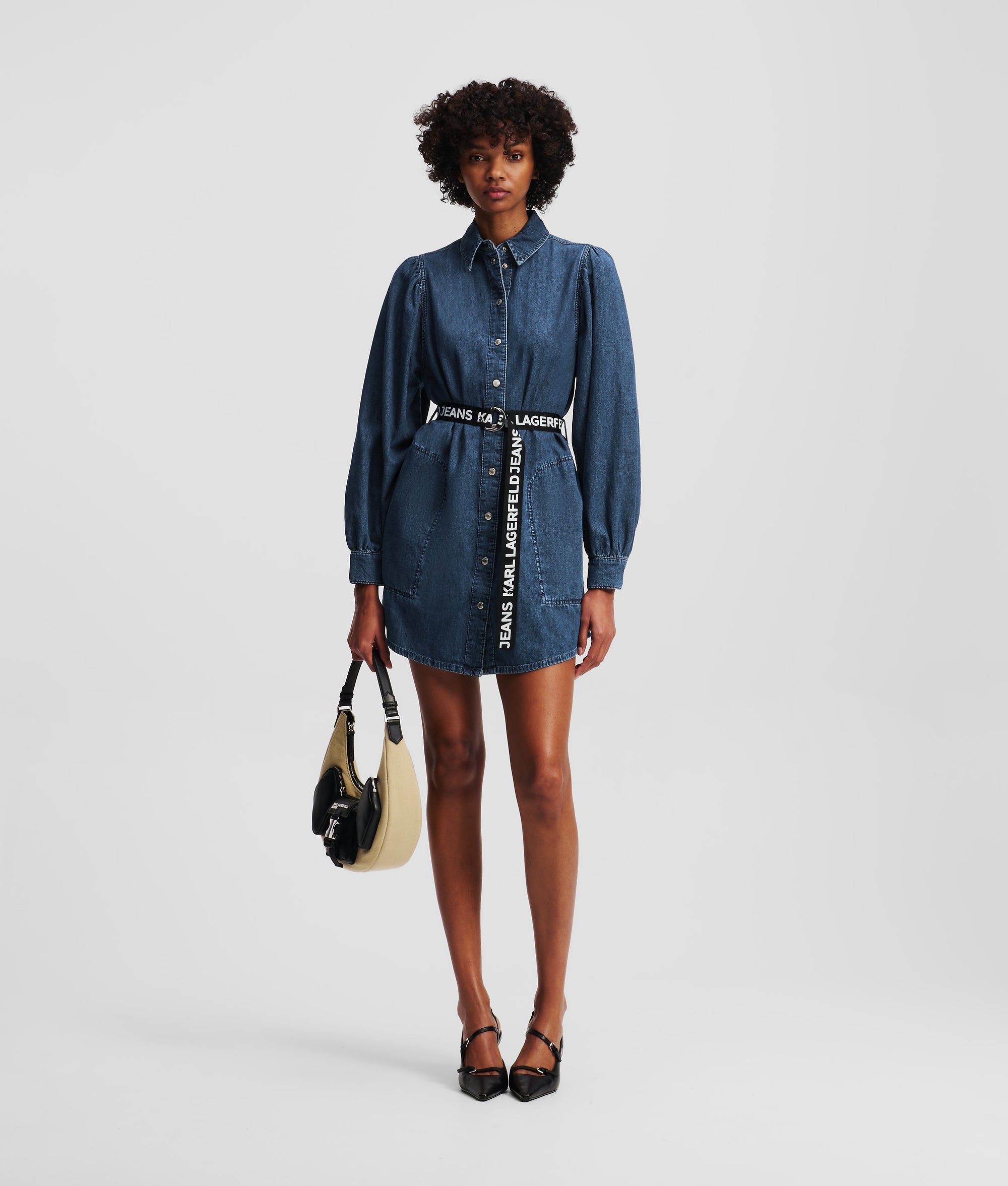 PUFF-SLEEVED DENIM DRESS