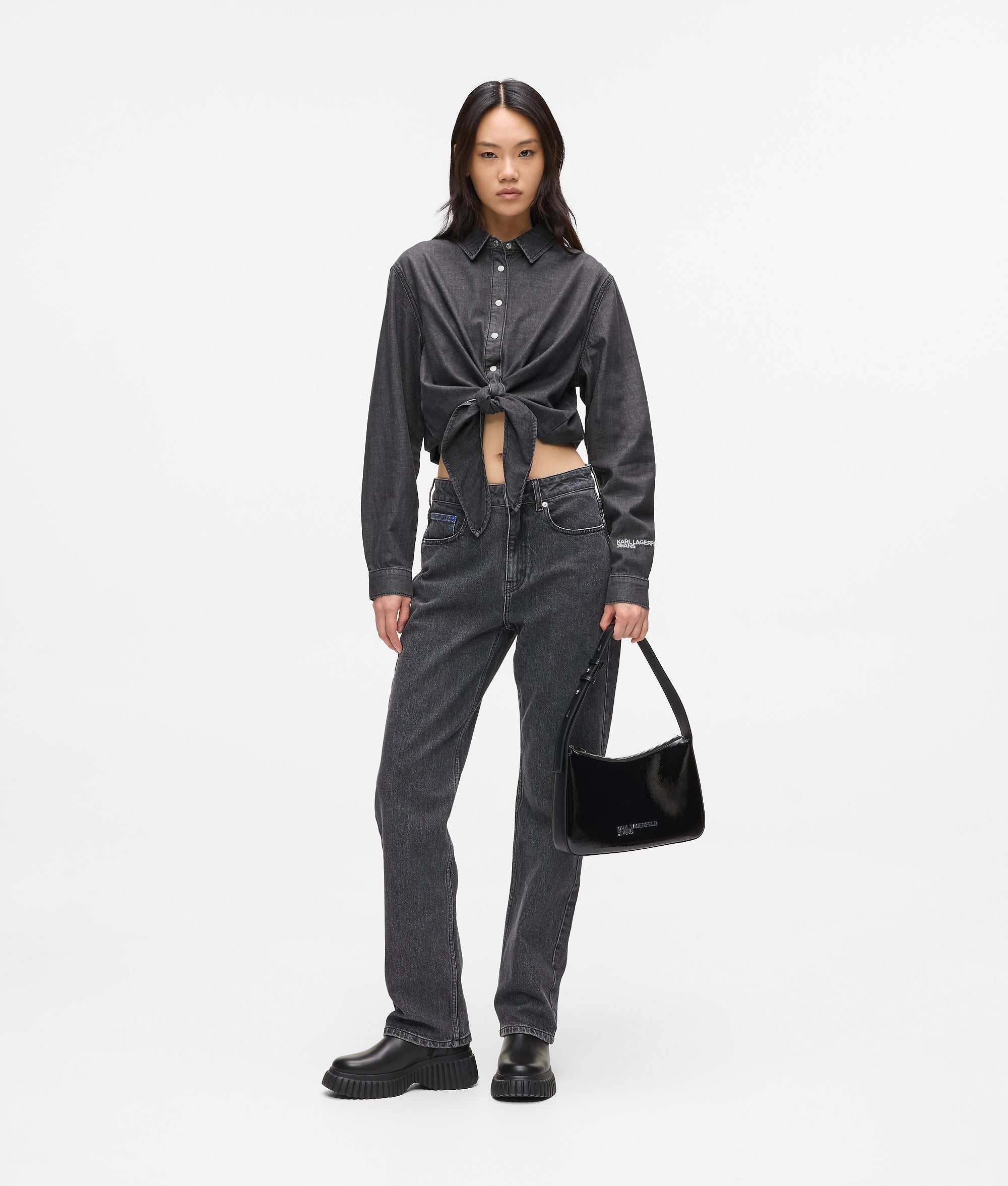 Tie-front denim shirt