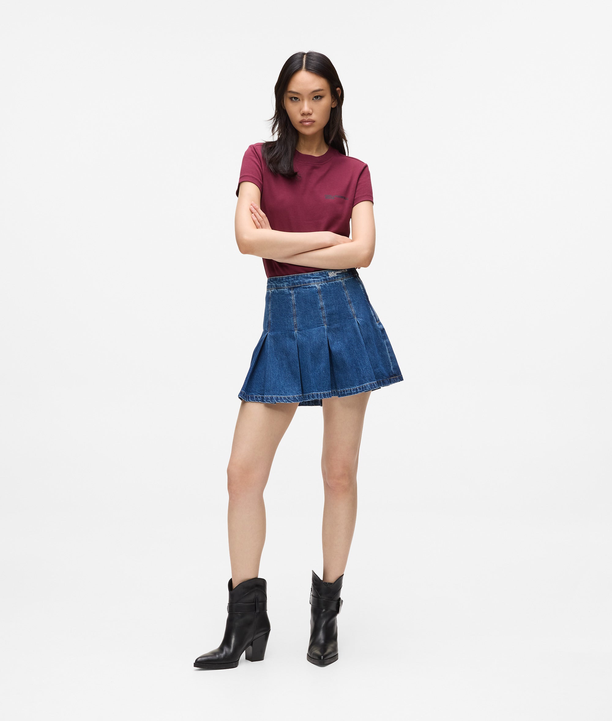Pleated denim mini skirt