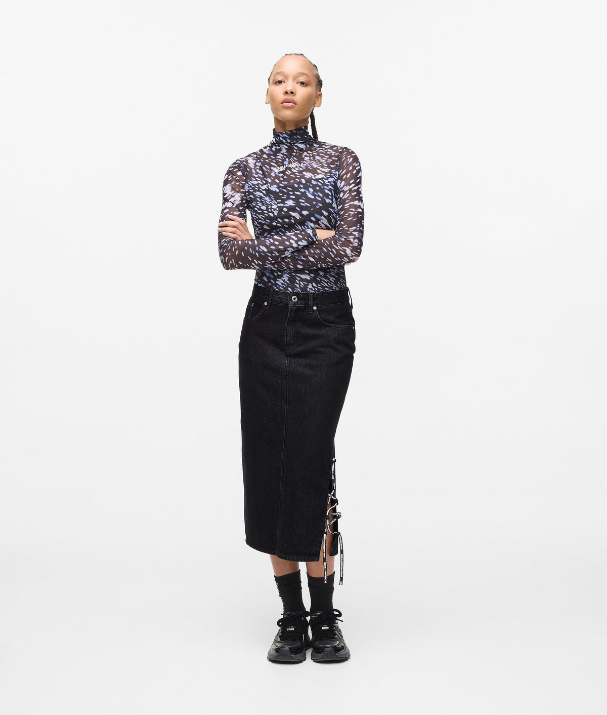 Lace-up midi denim skirt