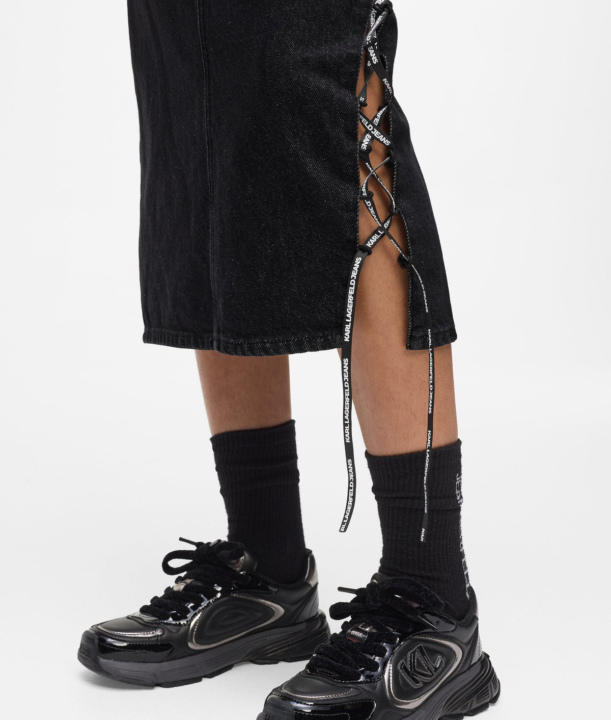 Lace-up midi denim skirt