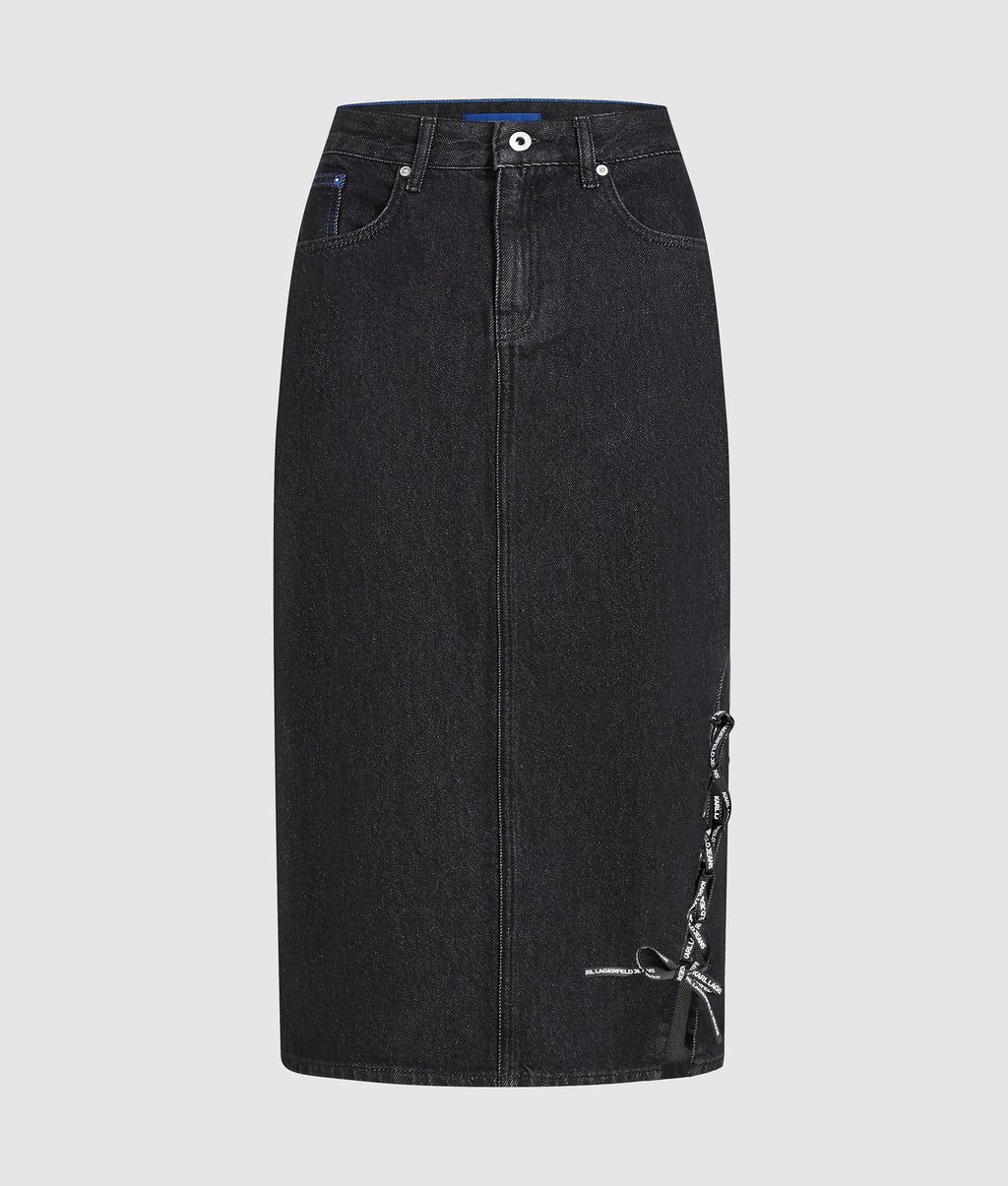 Lace-up midi denim skirt