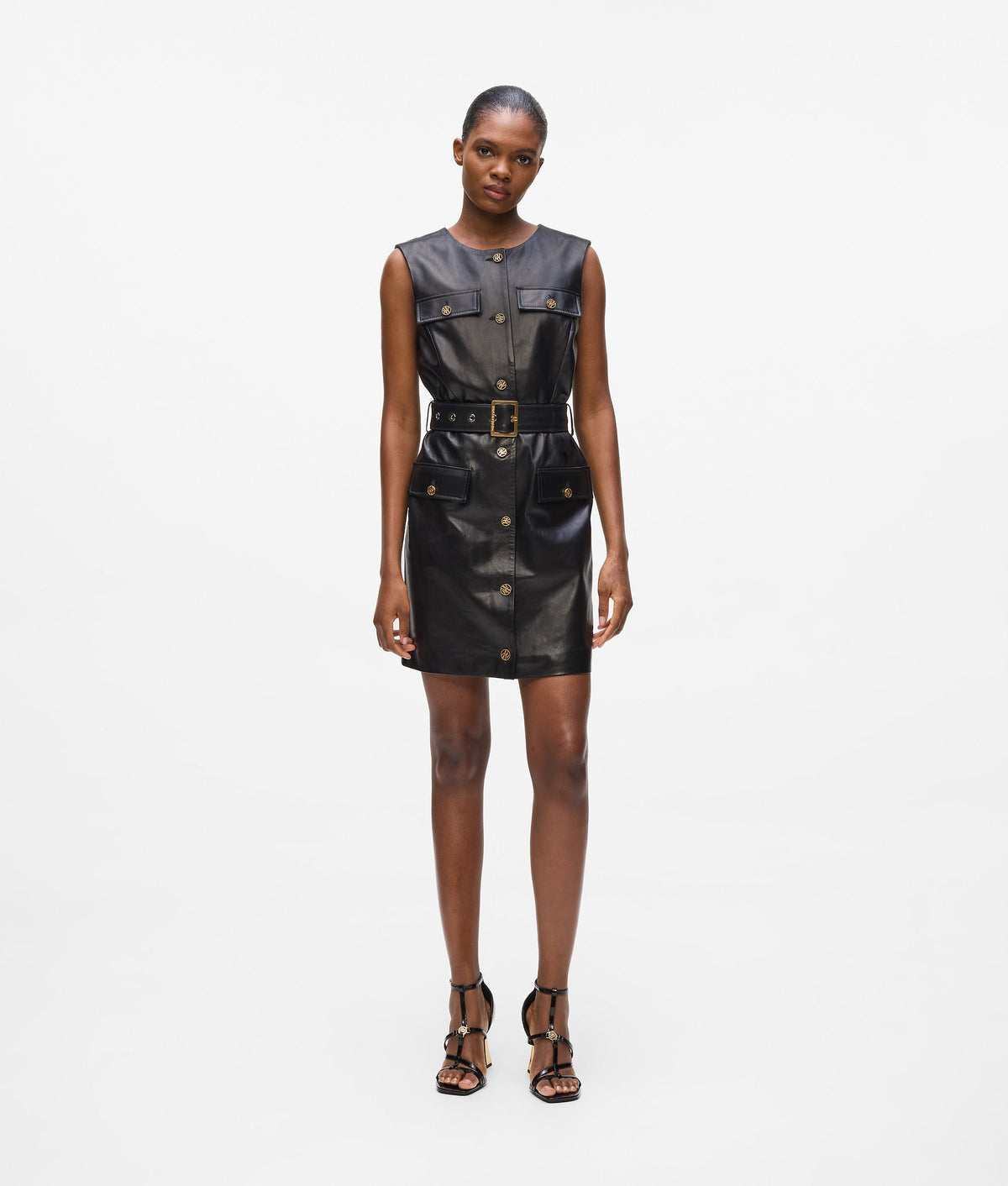 Button-detail leather dress