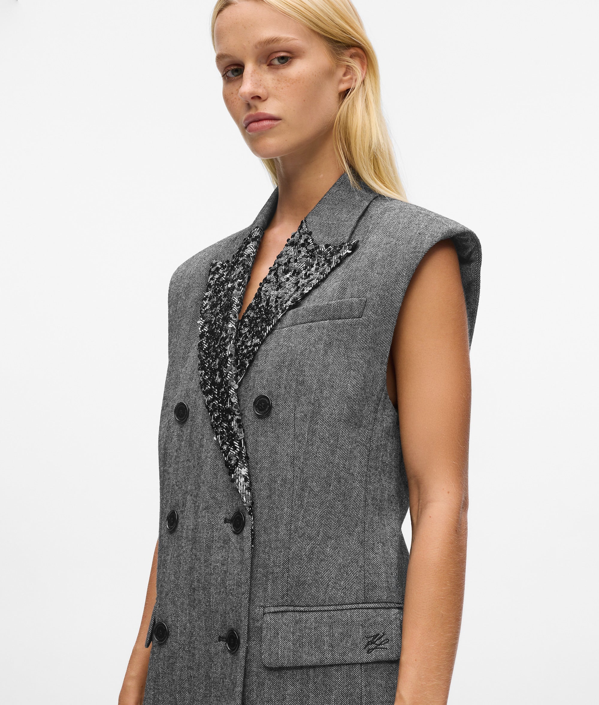 Sequin lapel tweed gilet