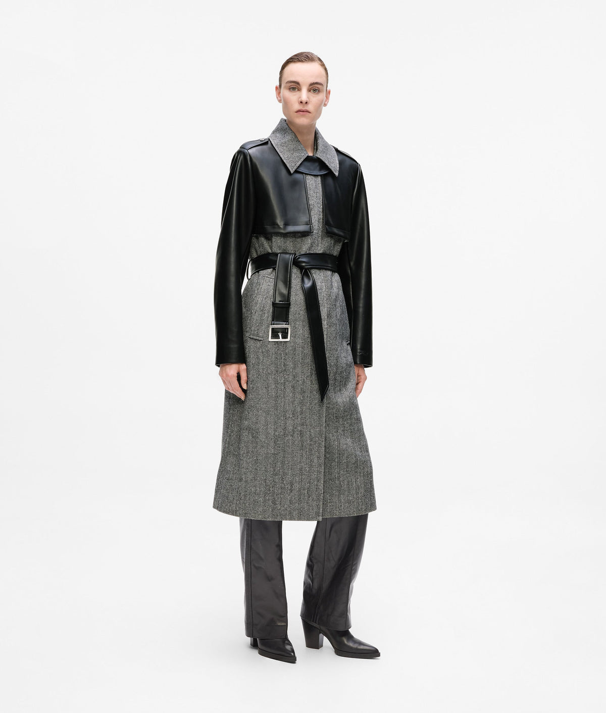 Tweed and faux-leather coat