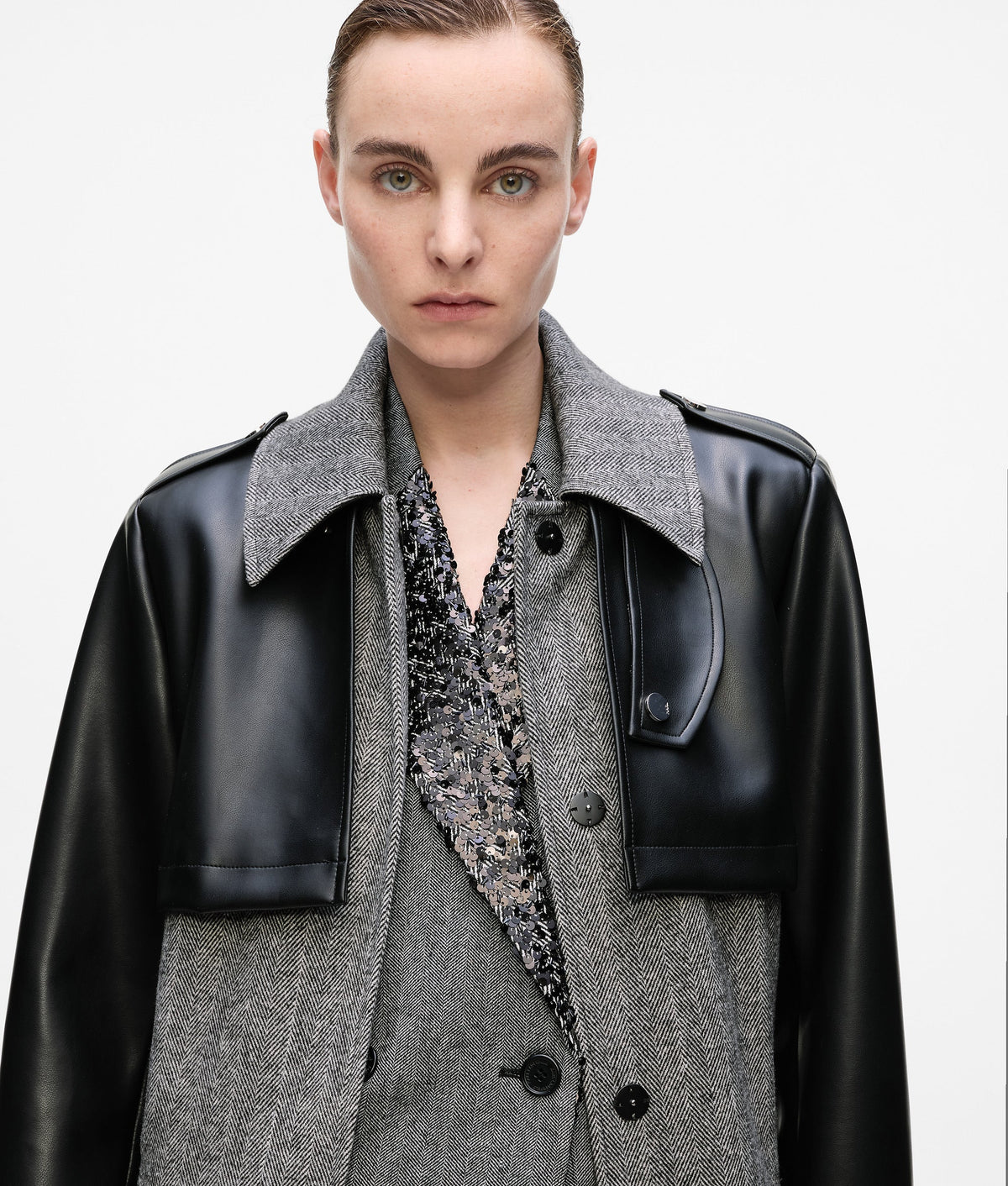 Tweed and faux-leather coat