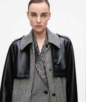 Tweed and faux-leather coat