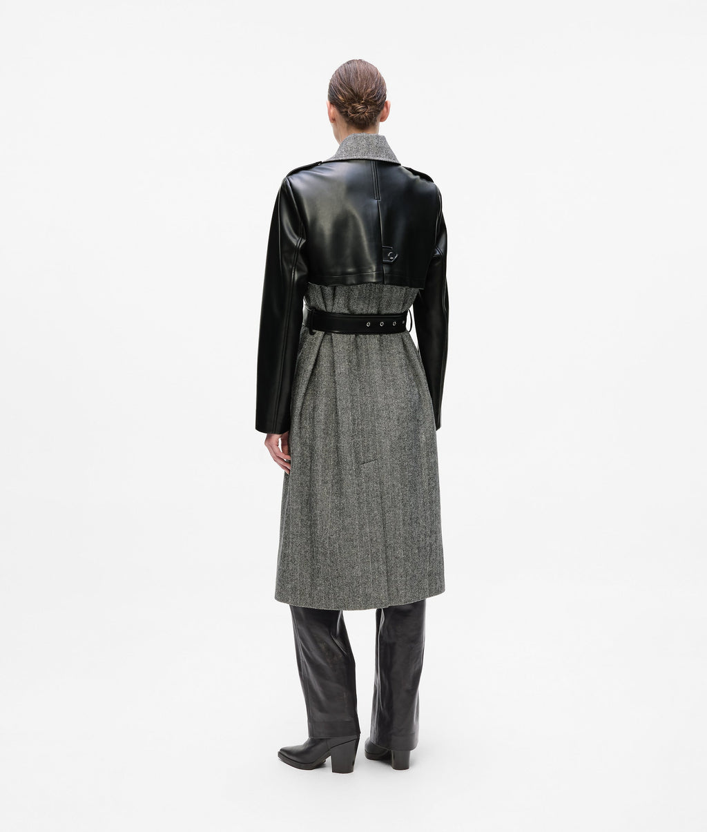 Tweed and faux-leather coat