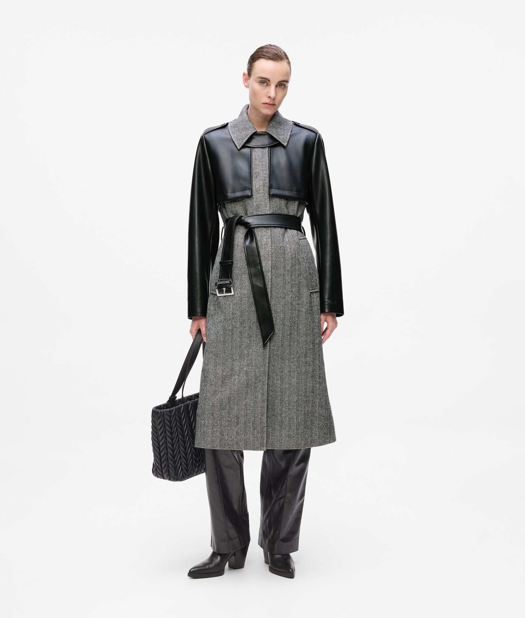 Tweed and faux-leather coat