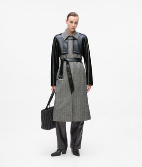 Tweed and faux-leather coat