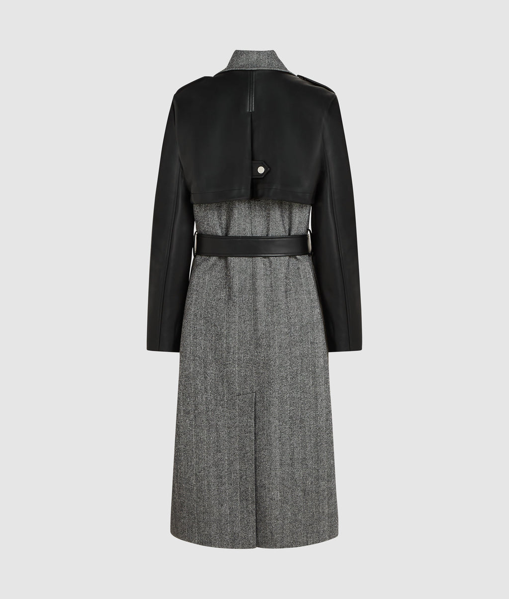 Tweed and faux-leather coat