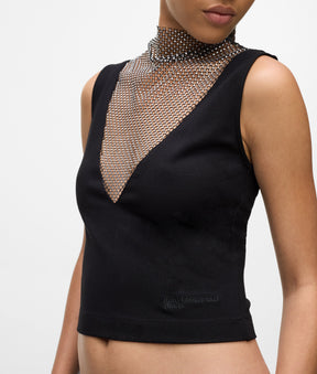 V-neck rhinestone mesh top