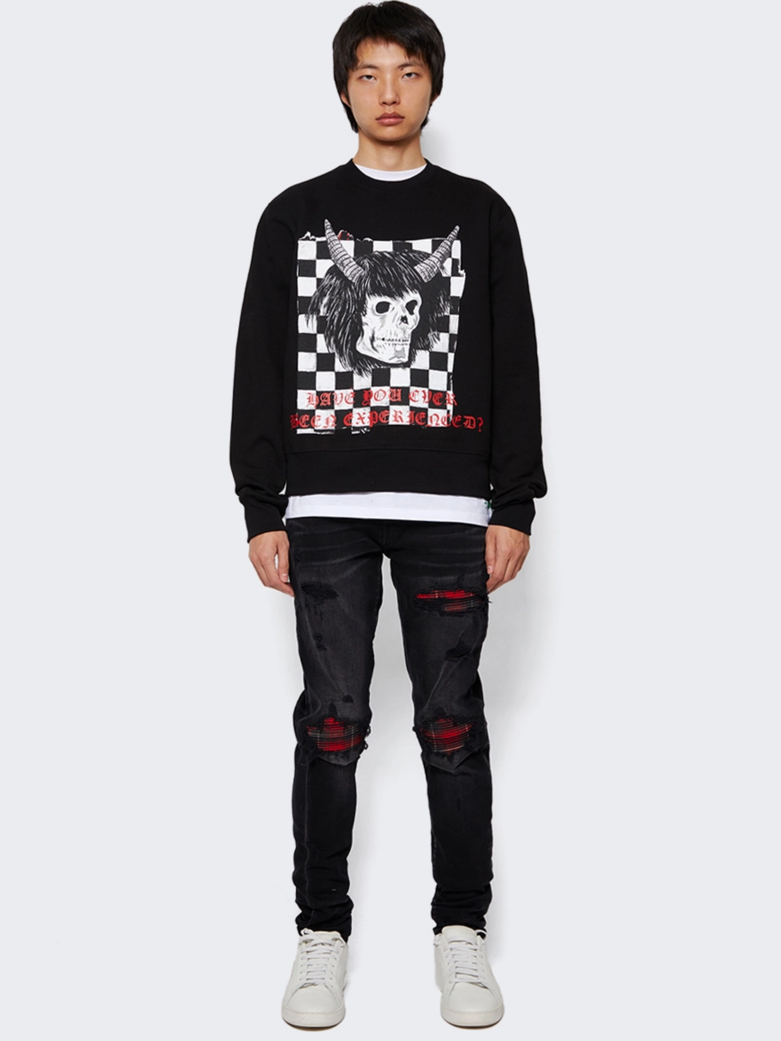 AMIRI X WES LANG CHECKER SKULL CREW NECK SWEATER BLACK