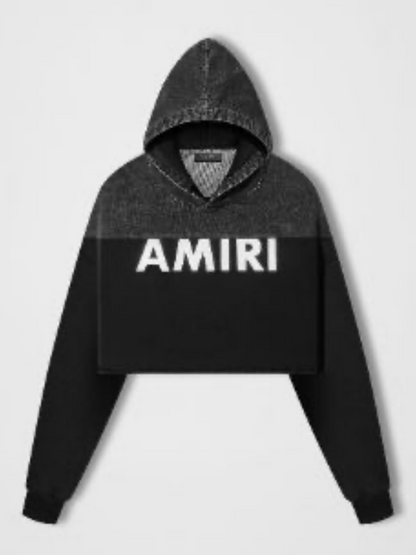 AMIRI WOMENS HYBRID CROPPED HOODIE SATIN BLACK