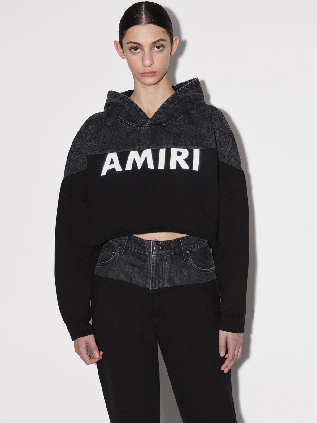 AMIRI WOMENS HYBRID CROPPED HOODIE SATIN BLACK