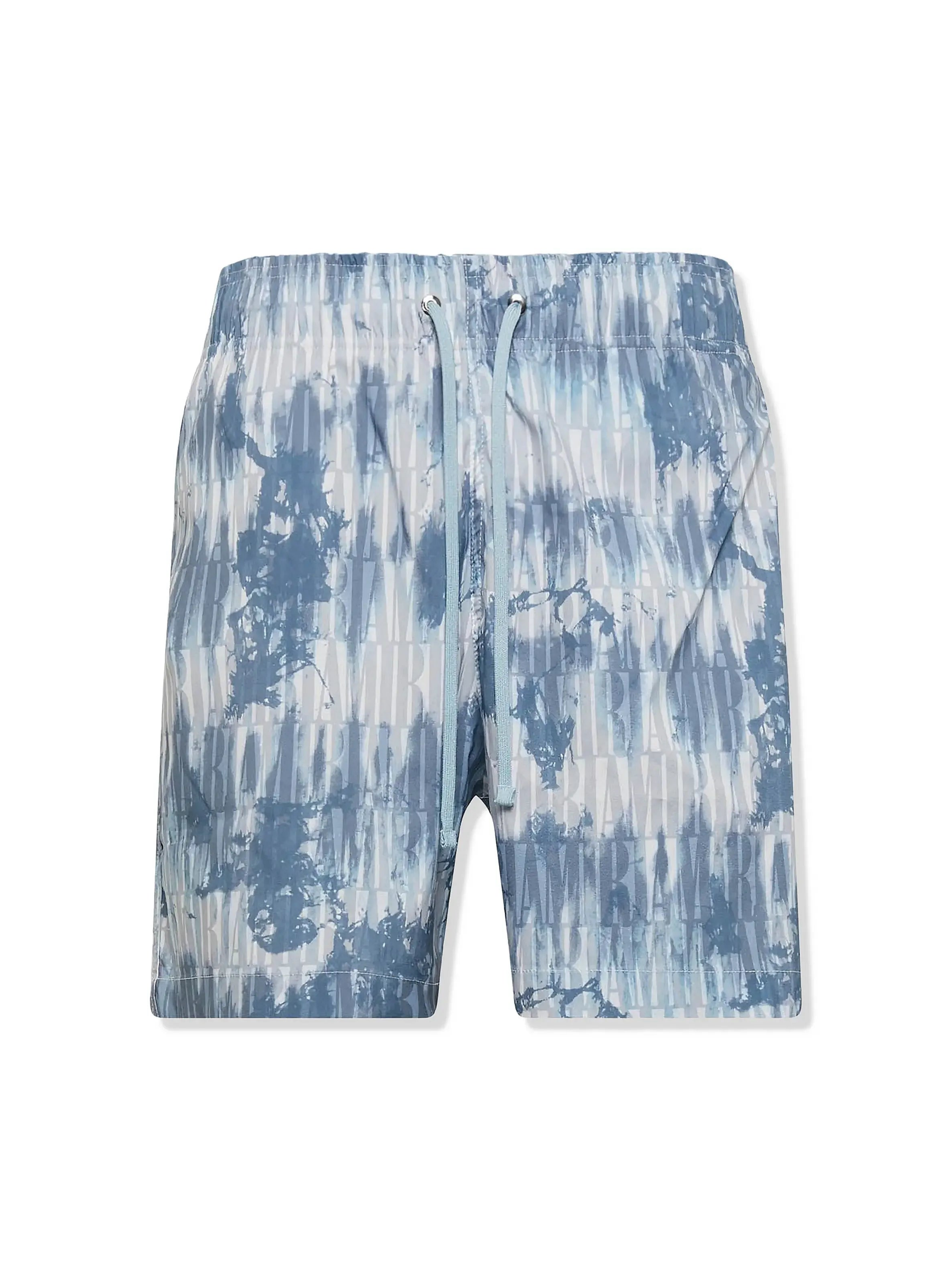 AMIRI TIE DYE ALL OVER LOGO SWIM SHORTS BLUE