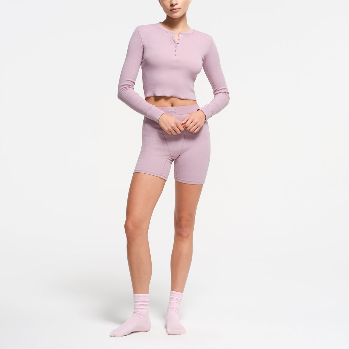COTTON RIB LONG SLEEVE CROP HENLEY | DUSK