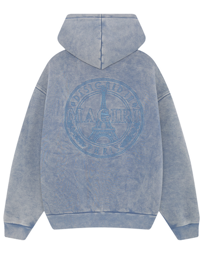 Magiri Embroidered Acid Wash Hoodie in Washed Blue